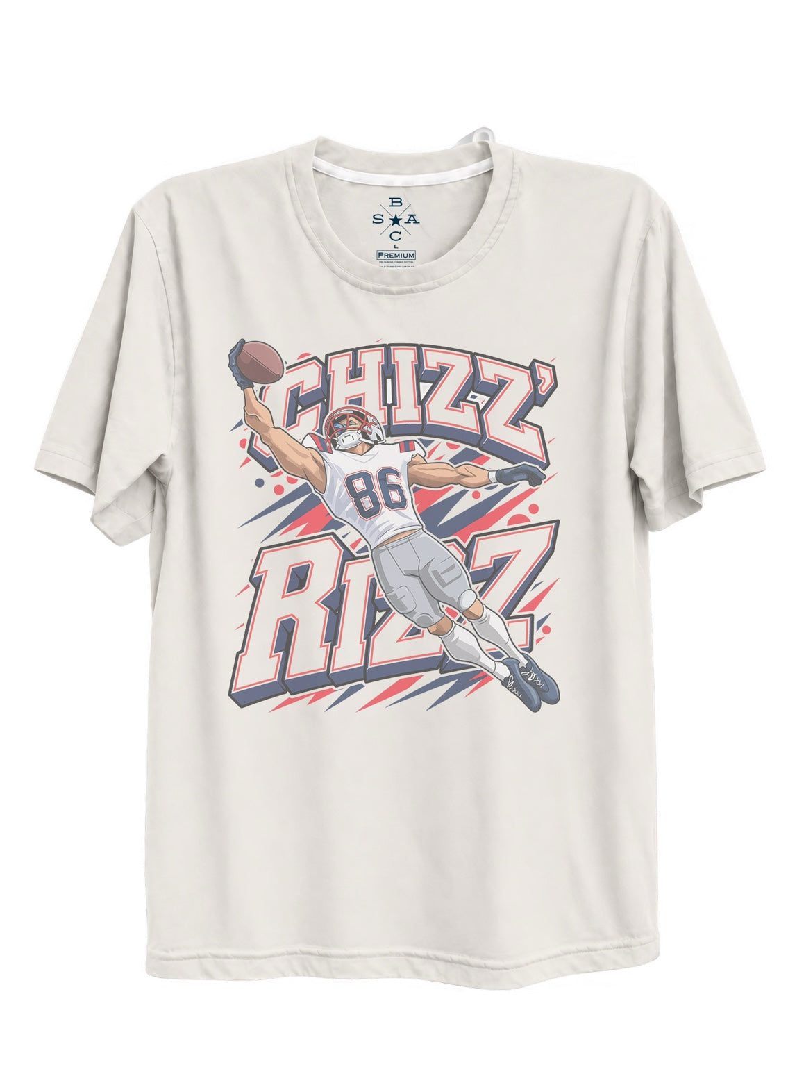 CHIZZ RIZZ T-shirt with red and navy lettering and an illustrated number 86 football player making a one-handed catch.