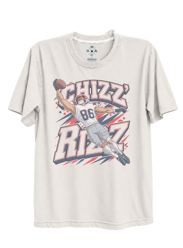 CHIZZ RIZZ T-shirt with red and navy lettering and an illustrated number 86 football player making a one-handed catch.