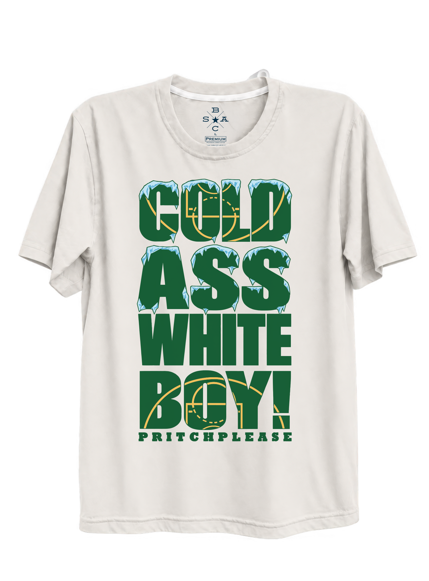 Natural COLD WHITE BOY t-shirt with green COLD ASS WHITE BOY lettering, icy blue details, and basketball court graphics.