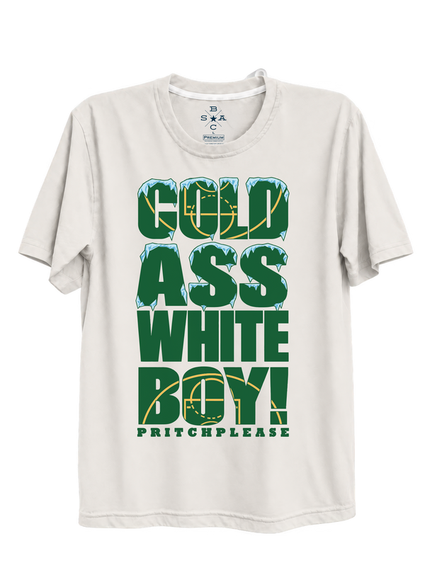 Natural COLD WHITE BOY t-shirt with green COLD ASS WHITE BOY lettering, icy blue details, and basketball court graphics.