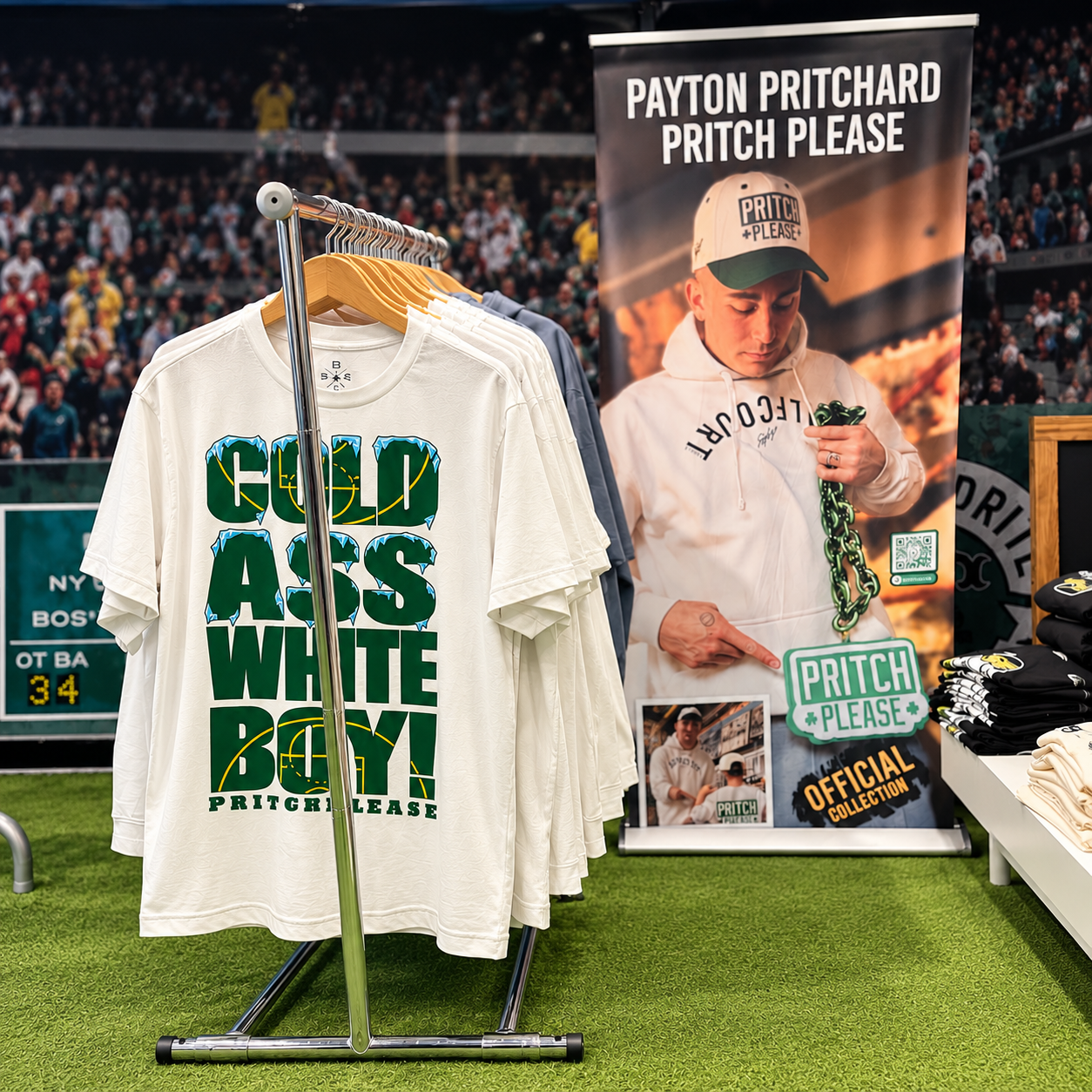 Natural COLD WHITE BOY graphic t-shirts displayed beside a Payton Pritchard Pritch Please banner.