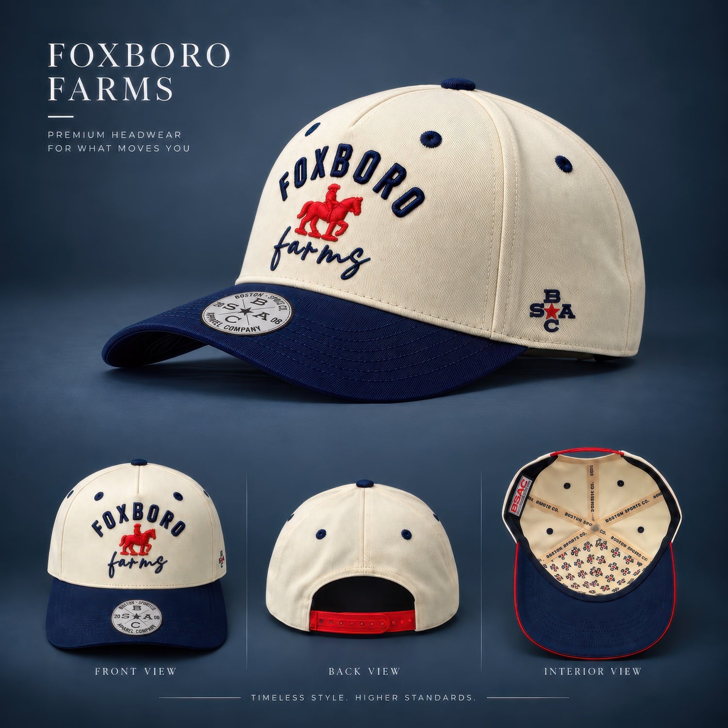 Foxboro Farms cream and navy hat shown from the front, back and interior, including the red snapback closure
