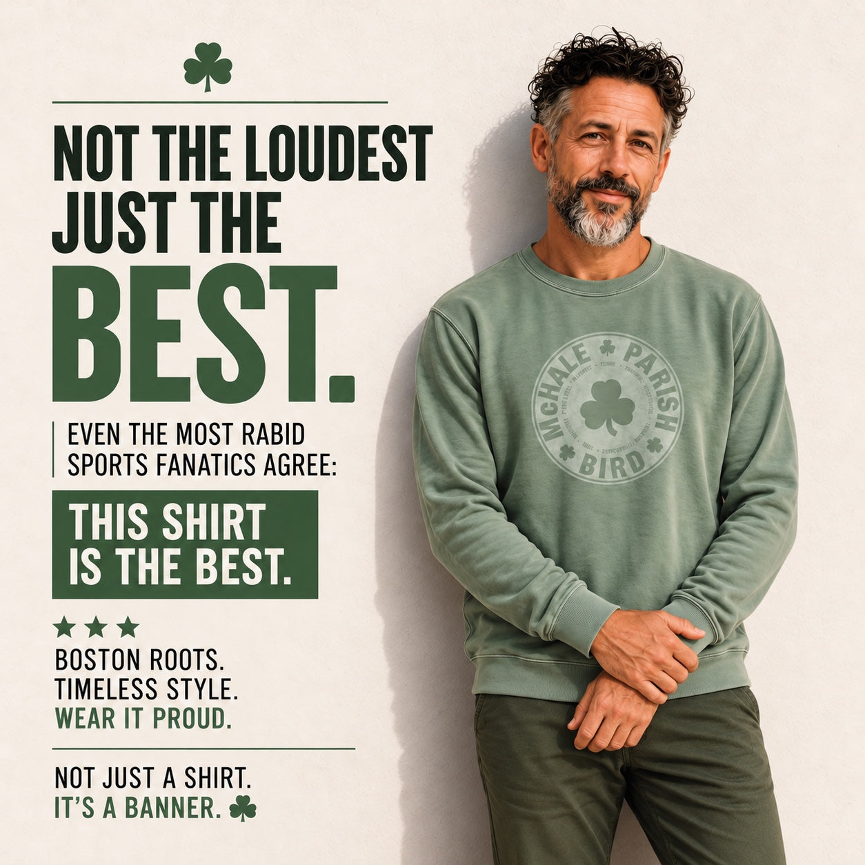 Model wearing McHale, Parish, Bird green long-sleeve shirt in Fan Favorite promotional image