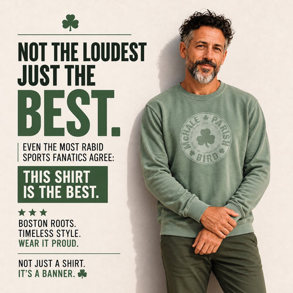 Model wearing McHale, Parish, Bird green long-sleeve shirt in Fan Favorite promotional image