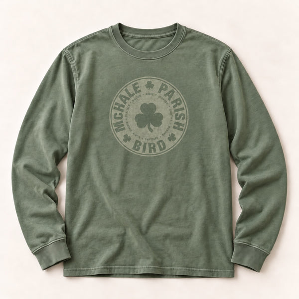 McHale, Parish, Bird pigment-dyed green long-sleeve shirt flat lay, front view