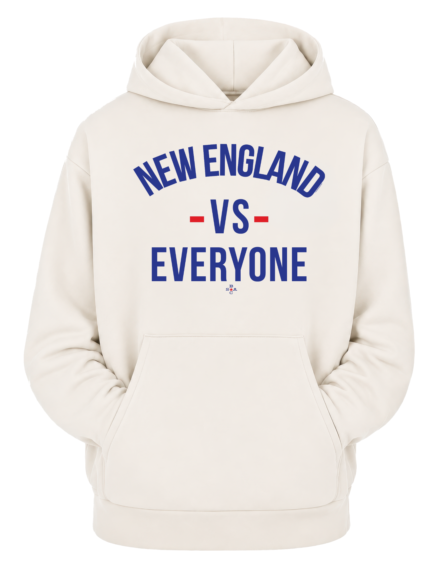 New England vs Everyone throwback pullover hoodie with blue lettering, red accents, and a front pouch pocket