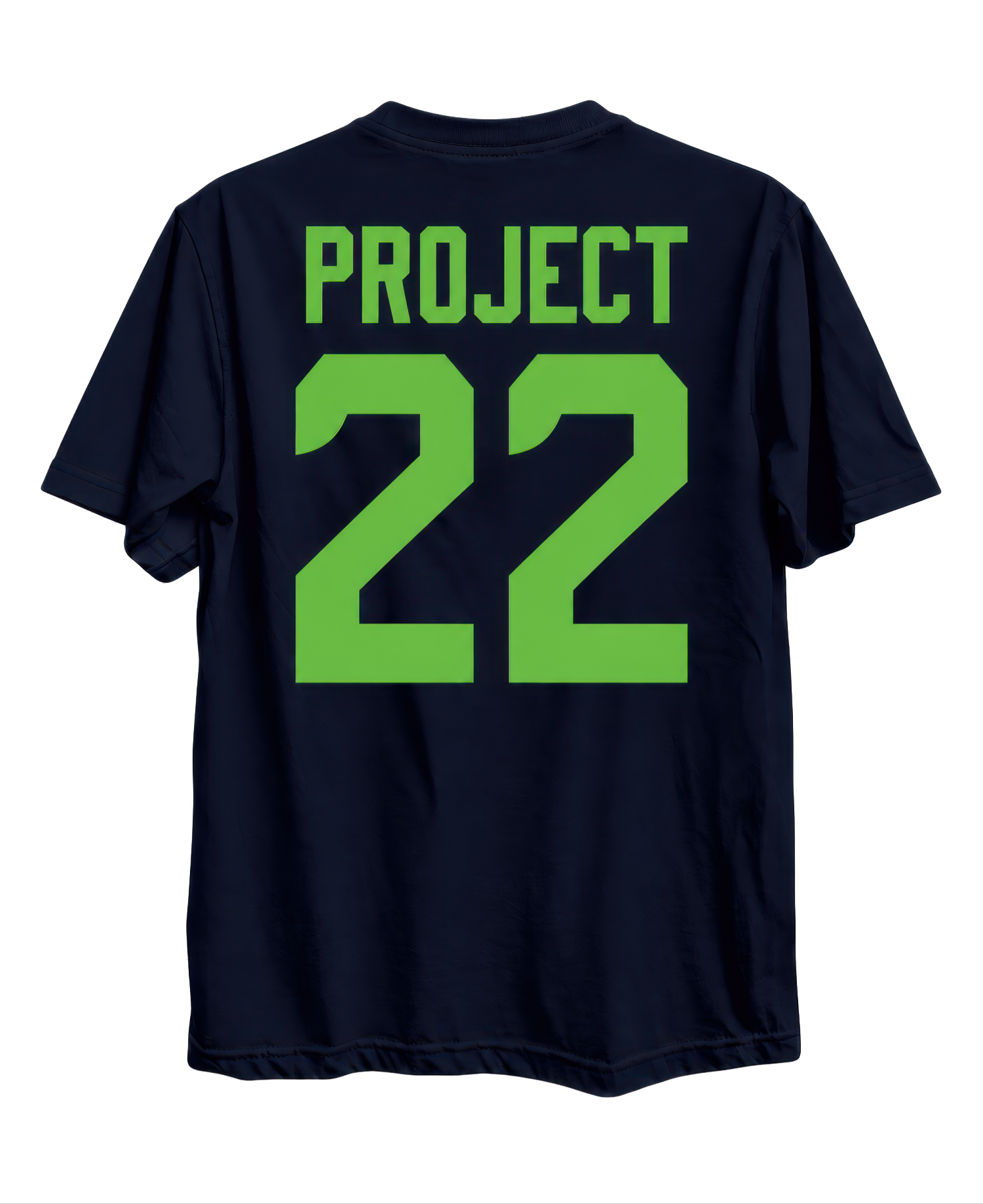 Back of the navy Project 22 T-shirt with large green Project 22 lettering.