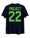 Back of the navy Project 22 T-shirt with large green Project 22 lettering.