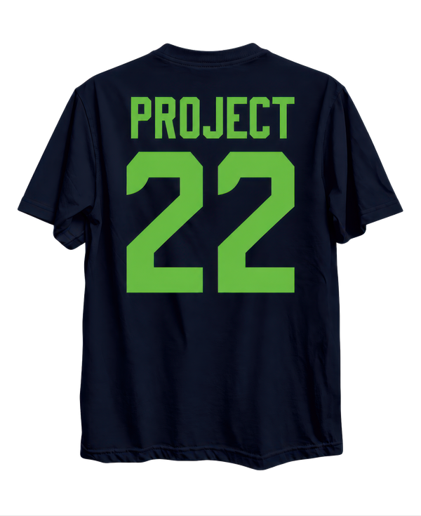Back of the navy Project 22 T-shirt with large green Project 22 lettering.
