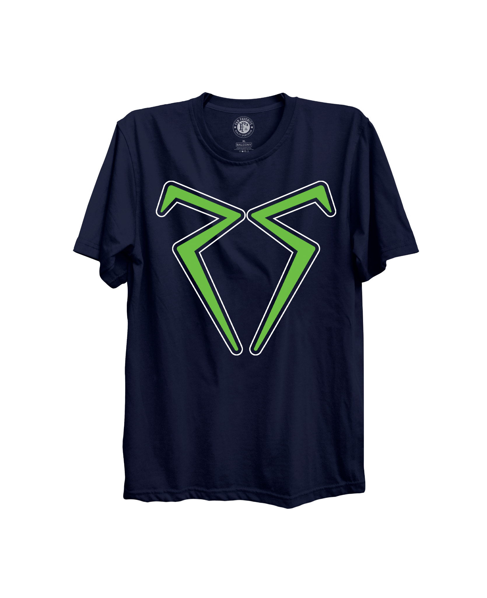 Front of the navy Project 22 T-shirt with a green and white Rashid Shaheed emblem.