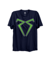 Front of the navy Project 22 T-shirt with a green and white Rashid Shaheed emblem.