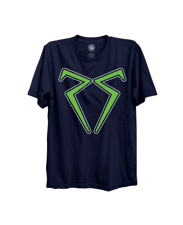 Front of the navy Project 22 T-shirt with a green and white Rashid Shaheed emblem.