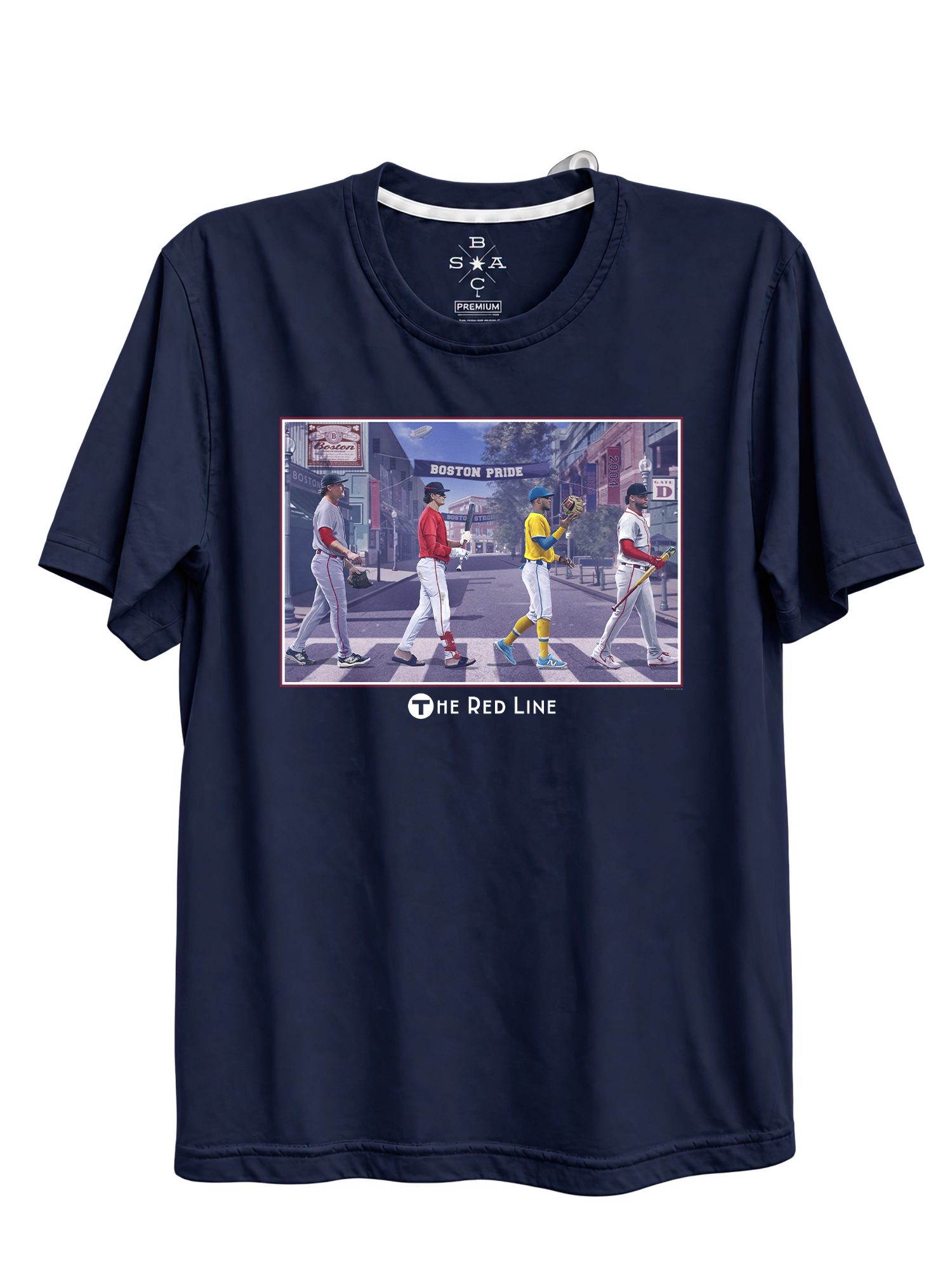 Red Line '27 navy adult T-shirt with a baseball-inspired Boston street scene graphic