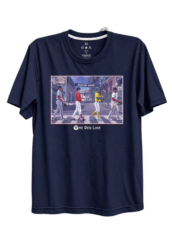 Red Line '27 navy adult T-shirt with a baseball-inspired Boston street scene graphic